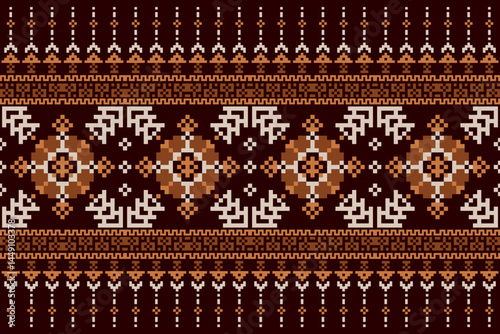 Cross Stitch pattern with Floral Designs. Traditional cross stitch needlework. Geometric Ethnic pattern, Embroidery, Textile ornamentation, fabric, Hand stitched pattern, Cultural stitching pixel art.