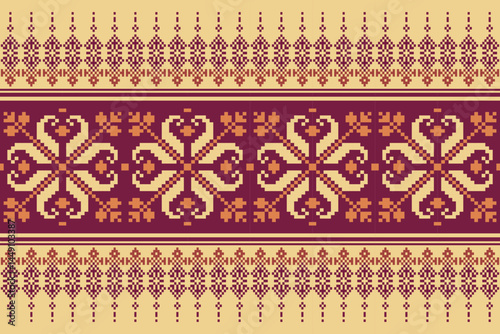 Cross Stitch pattern with Floral Designs. Traditional cross stitch needlework. Geometric Ethnic pattern, Embroidery, Textile ornamentation, fabric, Hand stitched pattern, Cultural stitching pixel art.