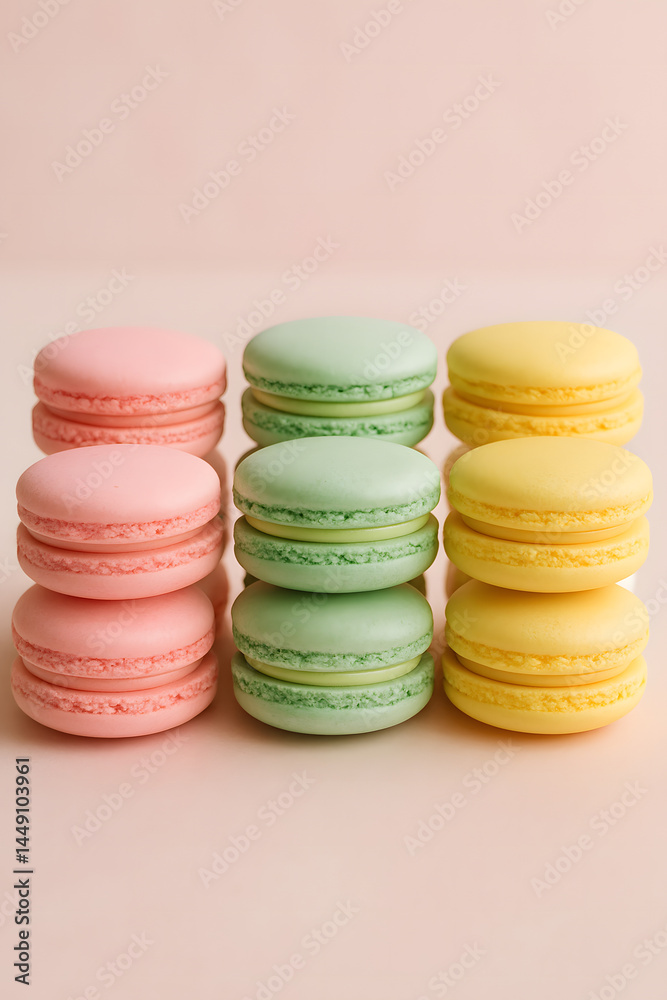 Obraz premium Macarons in pastel pink, green, and yellow stacked in layers