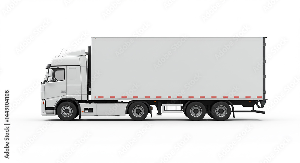 Side view of a white semi truck with a trailer on a white background in a studio environment setting Side view of a white semi truck with a trailer on a white background in a studio environment setting