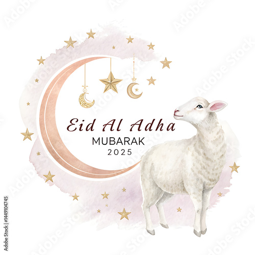 Watercolor Eid Al Adha Mubarak celebration illustration with lamb and crescent moon