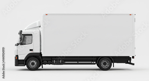 A side view of a white delivery truck against a plain background in a studio setting for mockups