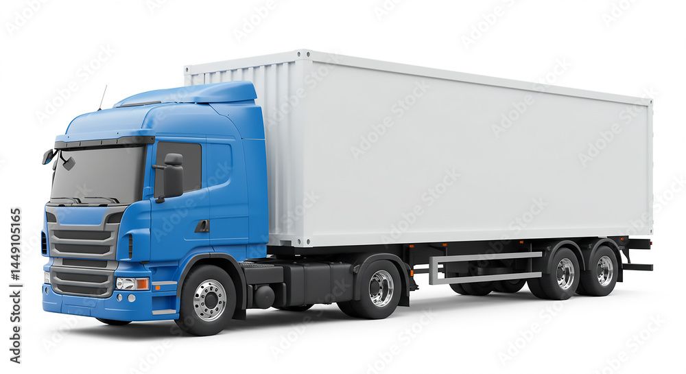A blue semi truck with a white trailer is shown on a white background in a studio shot image format A blue semi truck with a white trailer is shown on a white background in a studio shot image format