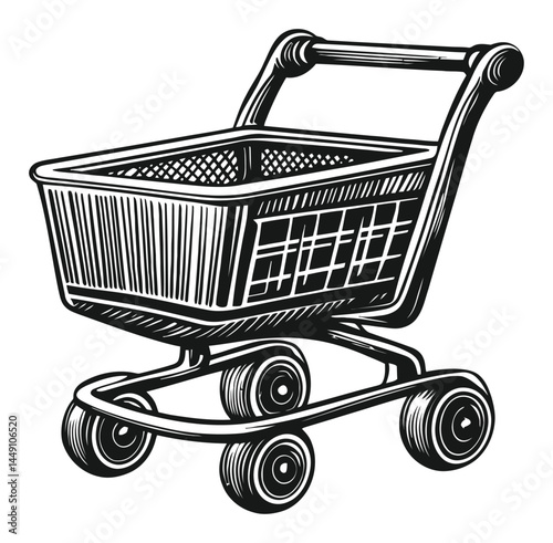 Detailed Vintage Engraving of Shopping Cart on Transparent Background