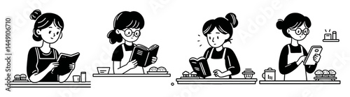 Female Barista Engaged in Activities for Monoline Doodle Coloring Page