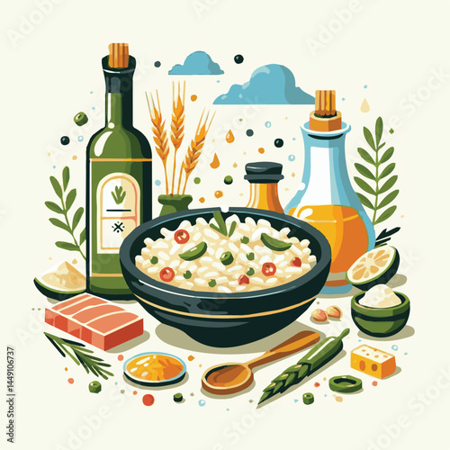 food, rice, risotto, dish, dinner, meal, plate, gourmet, italian, cuisine, lunch, cheese, parmesan, healthy, background, delicious, traditional, tasty, cooked, homemade, vegetable, recipe, top view, m