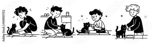 Charming Monoline Doodle Coloring Page of Boys Taking Care of Cats