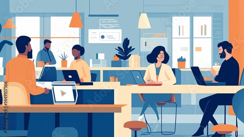 A diverse group of people working collaboratively in a modern office space with computers