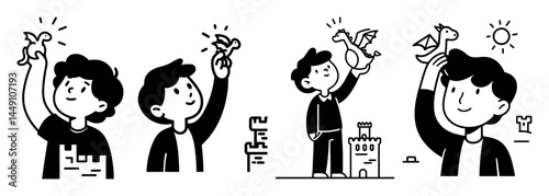 Fun Monoline Doodle Coloring Page of Kids Playing with Toys