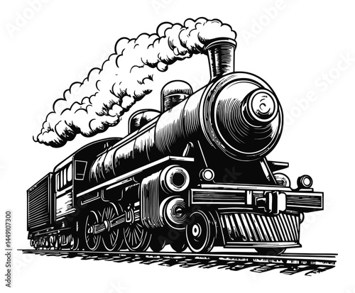 Vintage Steam Engine Illustration in Engraving Style Art Design