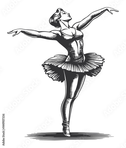 Elegant Ballerina Engraving in Graceful Pose with Arms Raised
