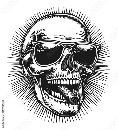 Detailed Vintage Skull Illustration with Sunglasses and Cigar