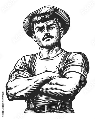 Vintage Engraving of a Confident Man with a Hat and Muscular Build