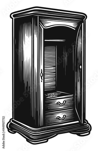Detailed Black and White Engraving of a Vintage Wooden Wardrobe