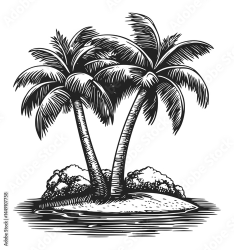 Vintage Engraving of Tropical Palm Trees on a Small Island