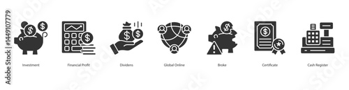 Financial Investment icon sheet investment, financial profit, dividens, global online, broke, certificate, cash register