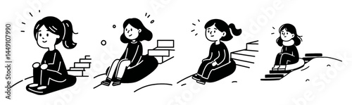Cute Monoline Doodle Characters Relaxing and Enjoying Leisure Time