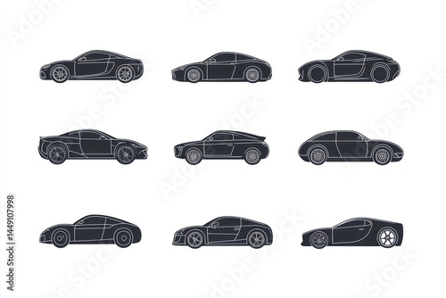 Side view car design variations, studio background, automotive illustration