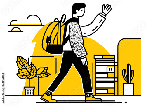 Stylish Doodle of a Person Walking with Backpack and Plants