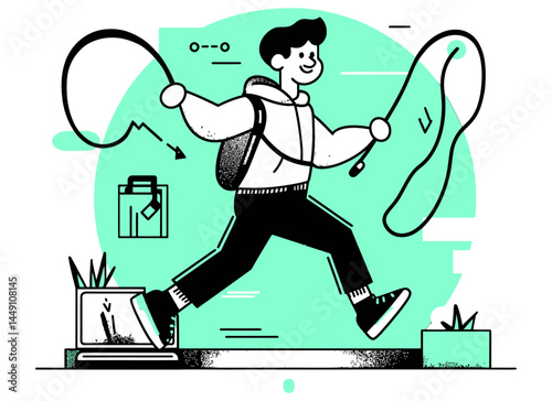 Playful Character Jumping Rope in a Minimalist Doodle Style Illustration