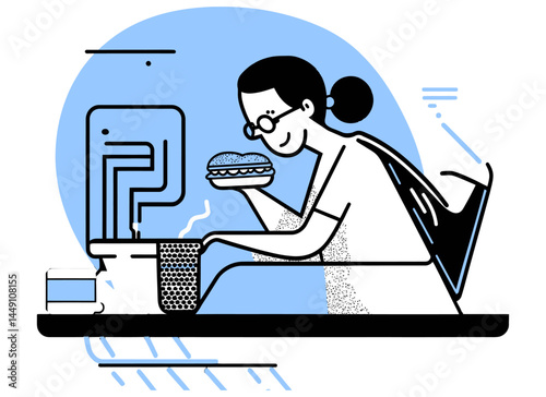 Woman Enjoying Fast Food in a Minimalist Doodle Style Illustration