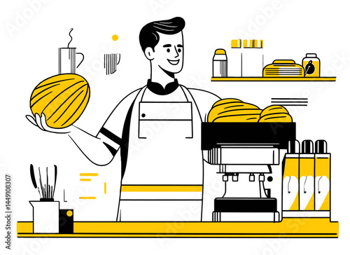 Cheerful Barista Presenting Fresh Bread and Coffee Shop Essentials
