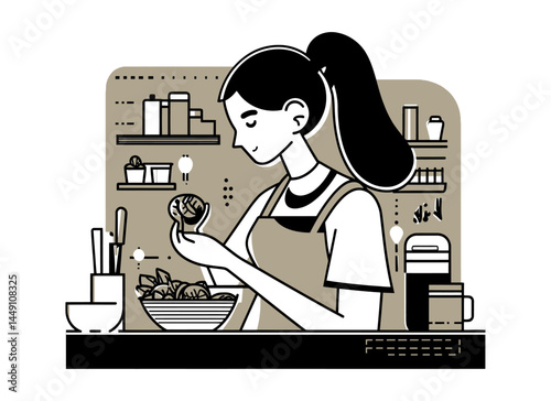 Woman Preparing Food in a Modern Kitchen Flat Doodle Illustration