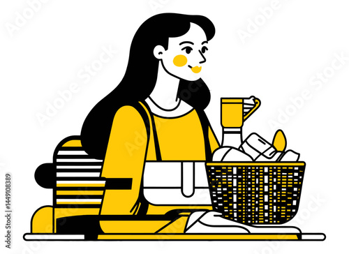 Girl with Basket of Goods in Flat Doodle Illustration Style
