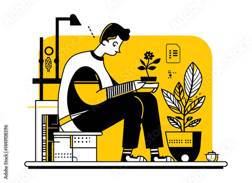 Stylish Doodle Illustration of a Person with Houseplants in a Room