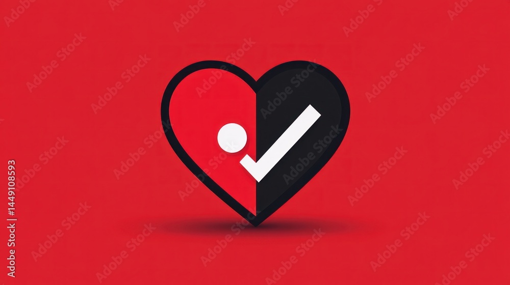 Fototapeta premium Heart symbol, check mark, red background