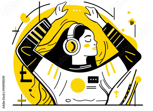 Vibrant Astronaut Woman Embracing Music in Doodle Style Illustration