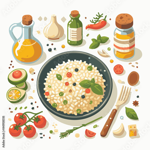 food, rice, risotto, dish, dinner, meal, plate, gourmet, italian, cuisine, lunch, cheese, parmesan, healthy, background, delicious, traditional, tasty, cooked, homemade, vegetable, recipe, top view, m