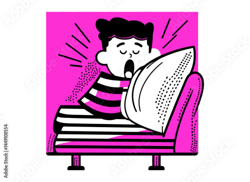 Funny Doodle of Boy Yawning on Sofa with Pillow in Quirky Style