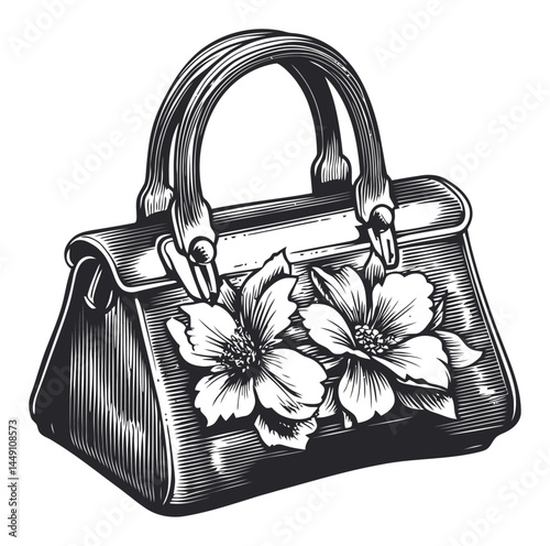 Elegant Engraving of Handbag with Floral Design Illustration