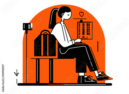 Woman using laptop on bench in vibrant abstract flat illustration