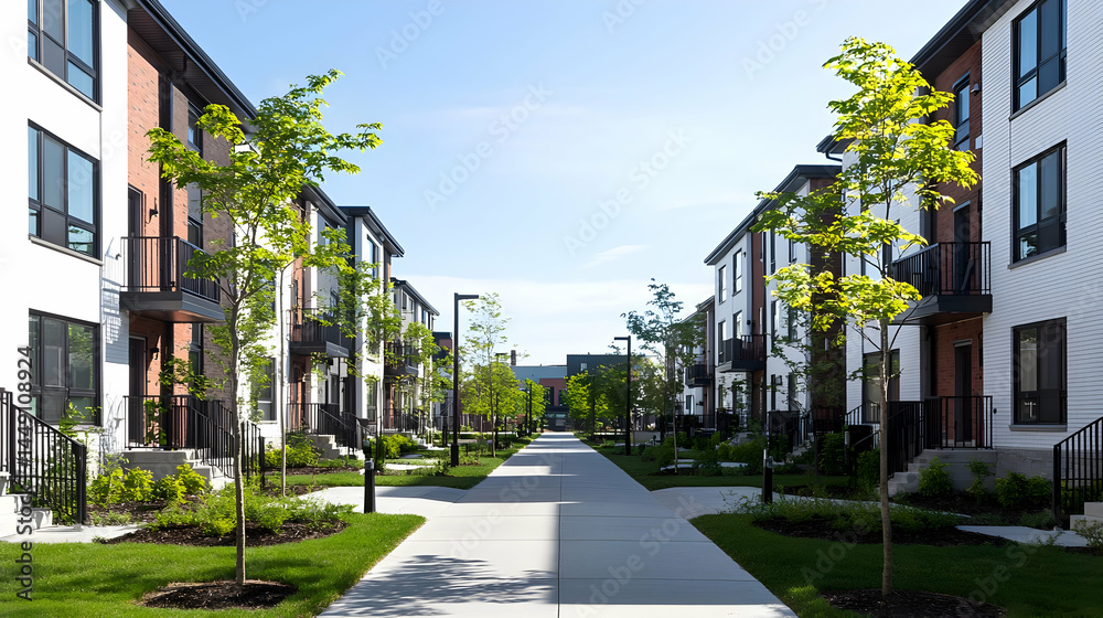 Obraz premium Modern Townhouses with Pathway and Lush Green Landscaping