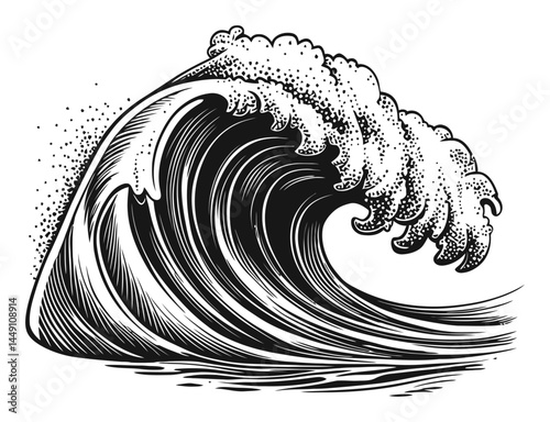 Detailed Black and White Engraving of a Powerful Ocean Wave