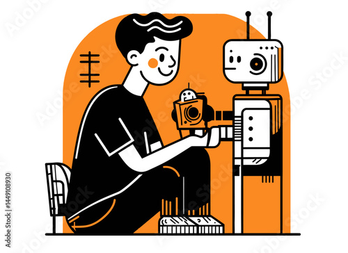 Boy Doodling with Robot in Flat Illustration Style Design