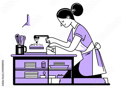 Baking Woman Working in Kitchen with Appliances and Utensils