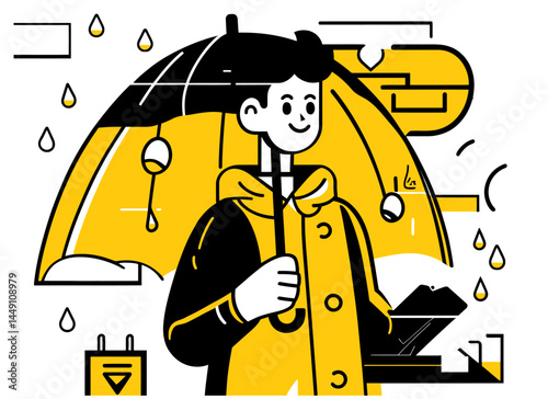 Cheerful Doodle Illustration of Person with Yellow Umbrella and Raindrops