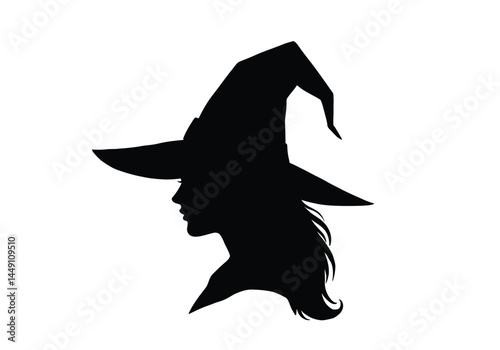 Witch head silhouette. This image shows a black silhouette of a witch's head in profile, wearing a pointy hat, often associated with Halloween and mystical themes. Vector clipart illustration design.