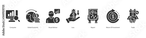 Global Analysis icon sheet computer, global economic, visual advisor, loss, report, return of investment, trade