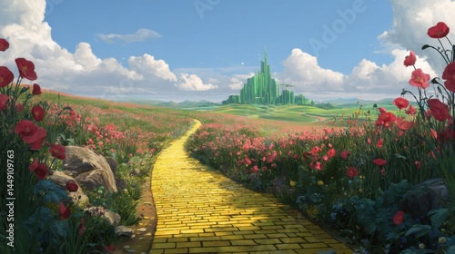 A stunning image of yellow brick road leading through poppy field to green emerald city in the distance. Wizard of Oz concept.