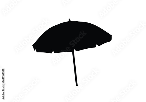 Beach umbrella silhouette. This image shows a black silhouette of a beach umbrella, also known as a parasol, providing shade and protection from the sun. Vector clipart illustration design.