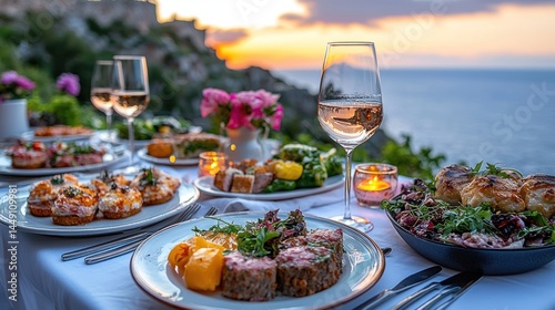 Dinner table at sunset by the ocean