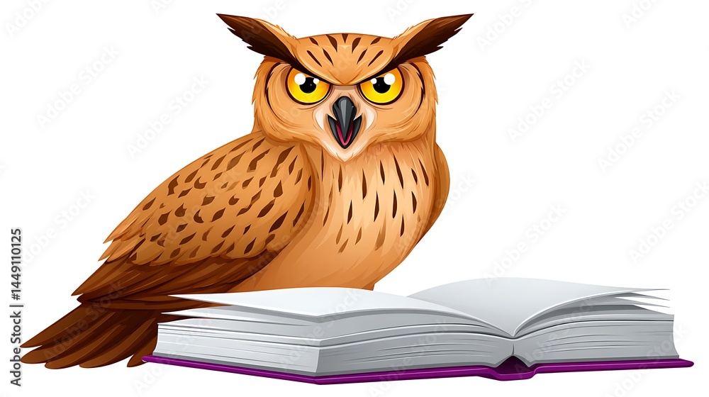 Wise Owl perched on Open Book with Knowledge, and Wisdom. Wise Owl perched on Open Book with Knowledge, and Wisdom.