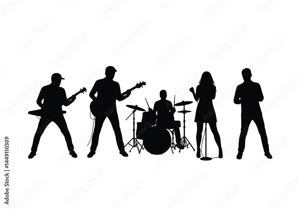 Obraz premium Music band silhouette. This image shows a silhouette of a music band with members playing guitar, bass, drums, and a singer with a microphone. Vector clipart illustration design.