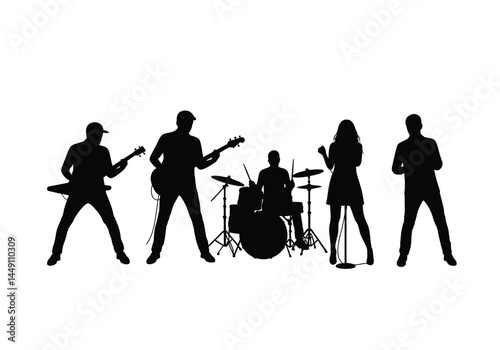 Music band silhouette. This image shows a silhouette of a music band with members playing guitar, bass, drums, and a singer with a microphone. Vector clipart illustration design.