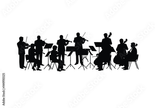 Orchestra silhouette. This image shows a group of musicians playing string instruments in a concert setting, also known as a symphony or ensemble performance. Vector clipart illustration design.