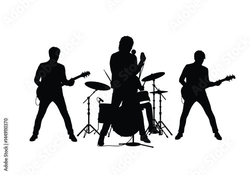 Rock band silhouette. This image shows a rock band in silhouette form, featuring a singer, two guitarists, and a drummer, performing live on stage with instruments. Vector clipart illustration design.